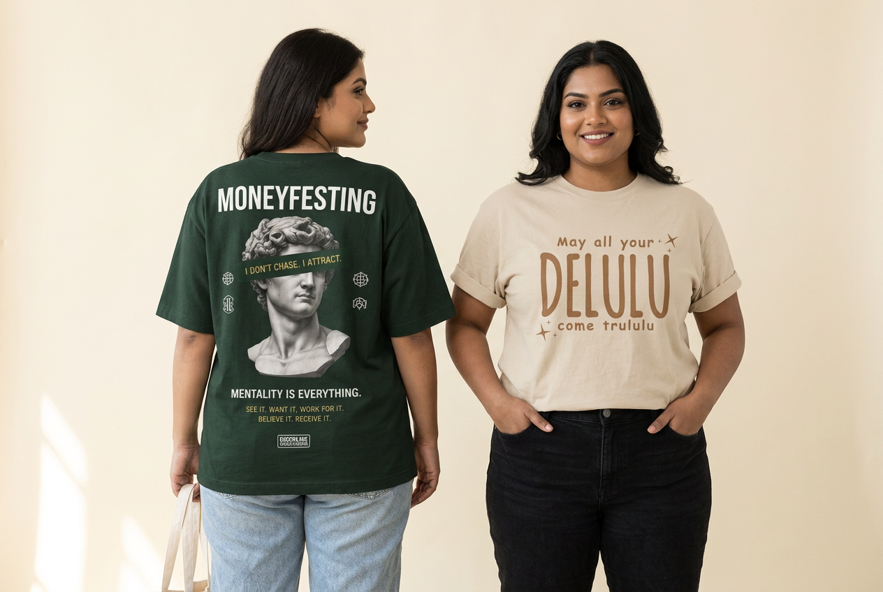 Two plus-size models wearing the Moneyfesting and Delulu women’s T-shirts